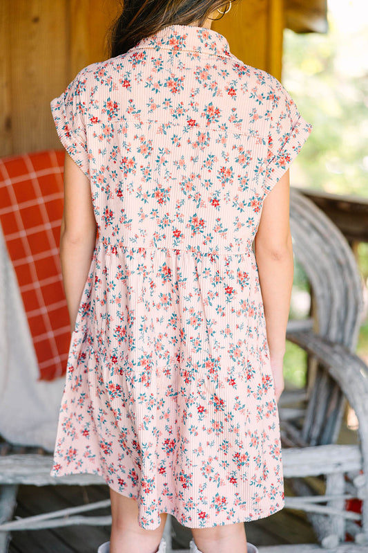 Pink Short Sleeve Flap Pockets Shirt Floral Dress