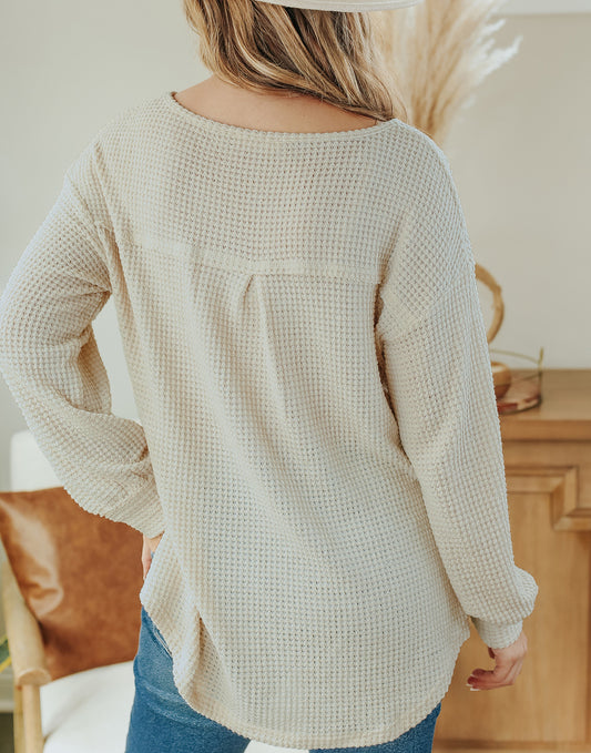 Waffle Knit Split Neck Pocketed Loose Top