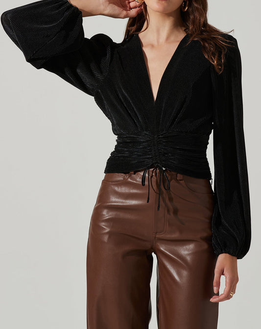 Pleated Drawstring Cinched Waist Bubble Sleeve Top