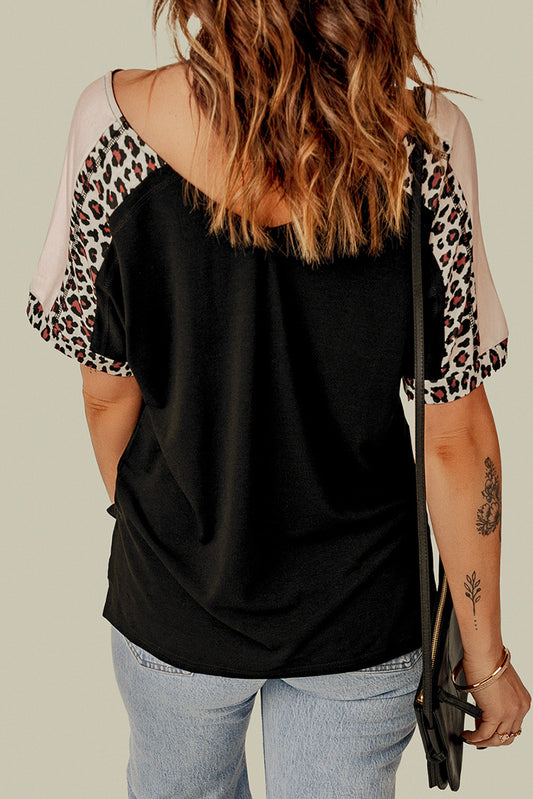 Music Festival Leopard Patchwork V Neck Graphic T Shirt