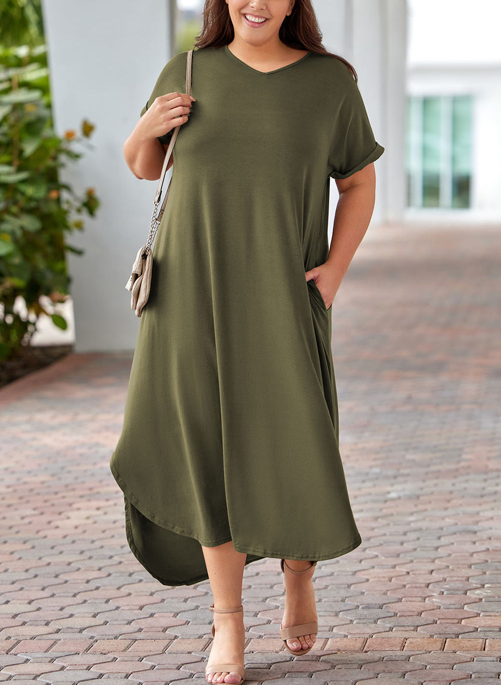 Plus Size V Neck Rolled Cuffs Maxi Dress