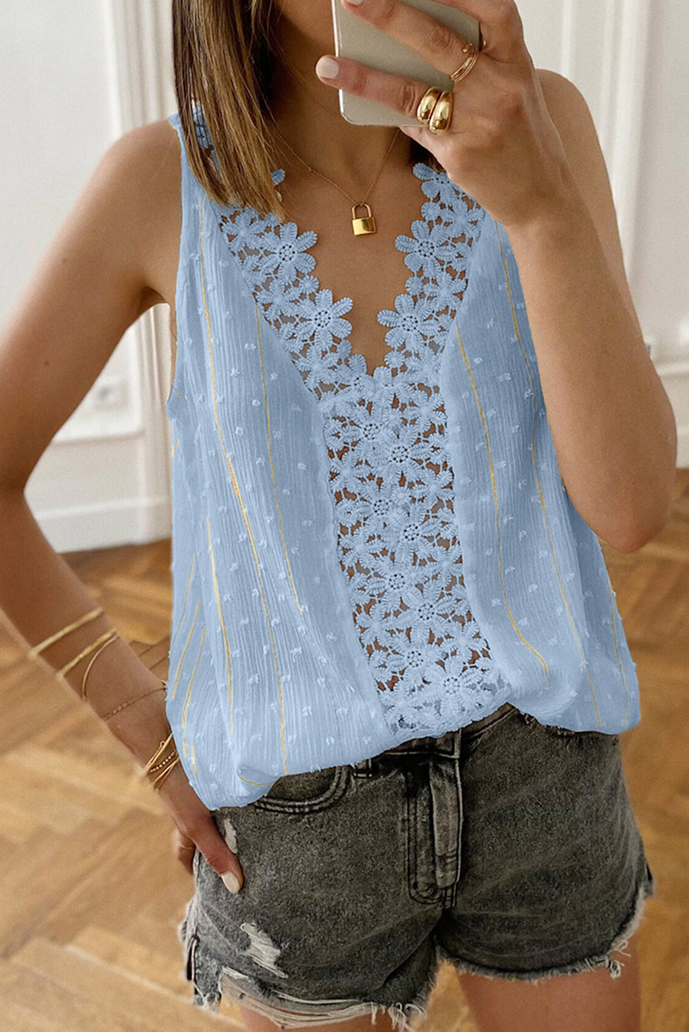 Floral Lace Crochet Swiss Dot Tank Top