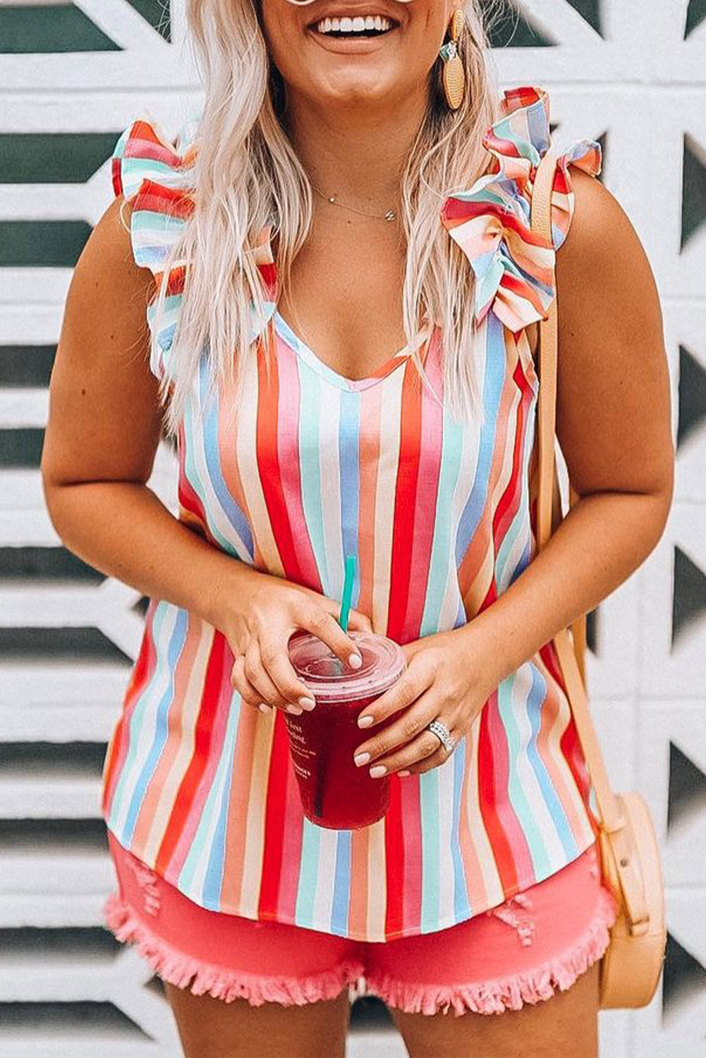 Striped V Neck Ruffle Straps Tank Top