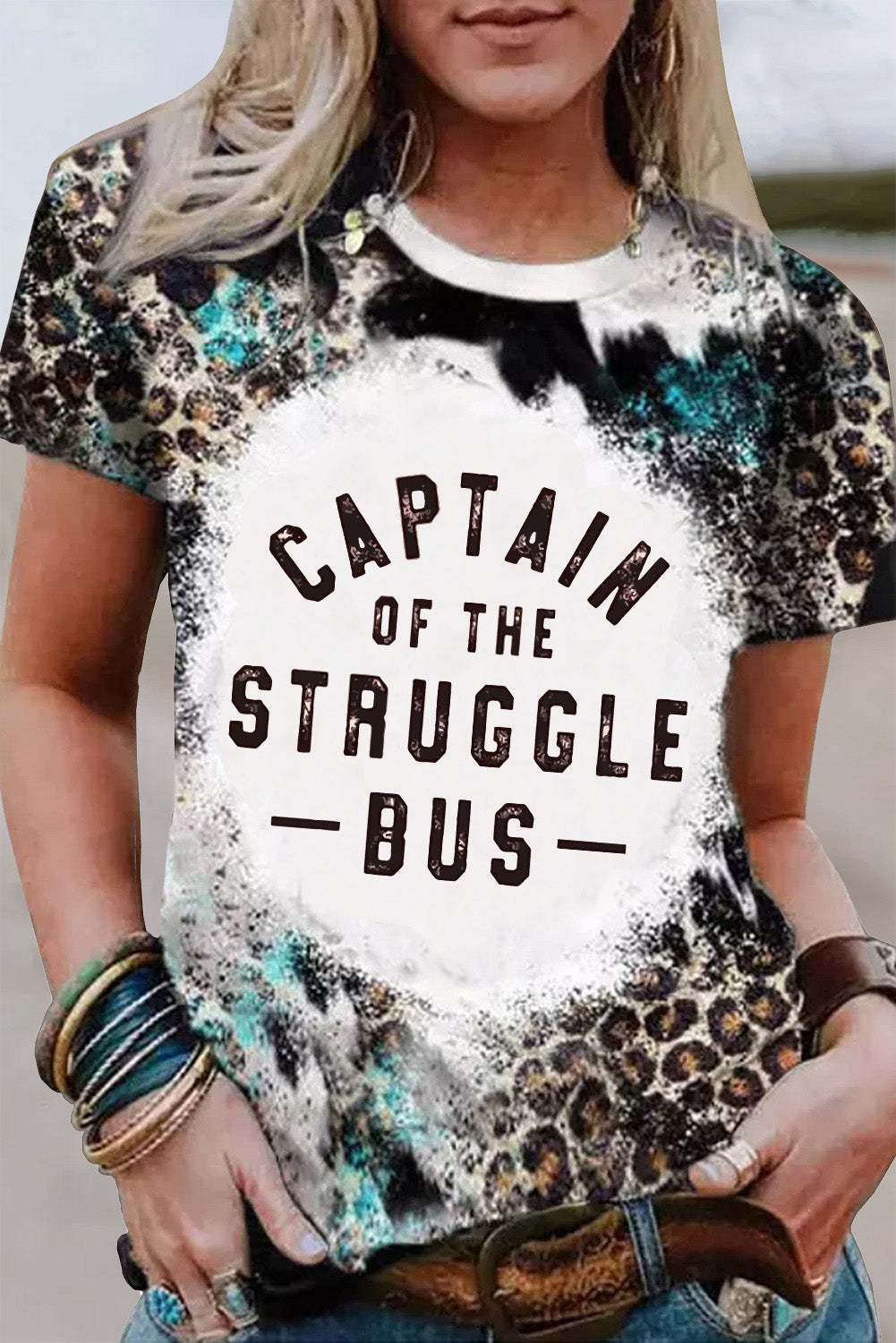 Leopard CAPTAIN OF THE STRUGGLE BUS Bleached Graphic Tee