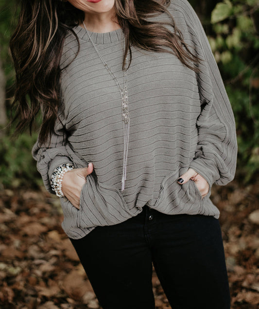 Ribbed Side Pockets Long Sleeve Plus Size Top