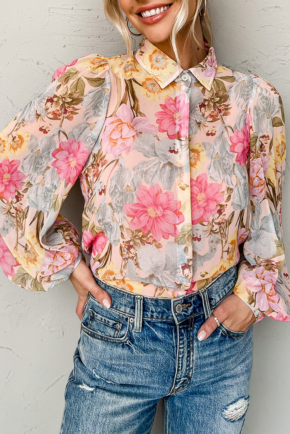 All Floral Puff Sleeve Collared Shirt