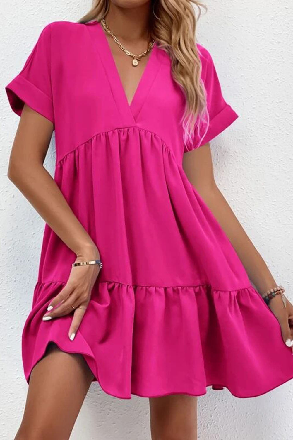 V-neck solid color large swing casual skirt dress