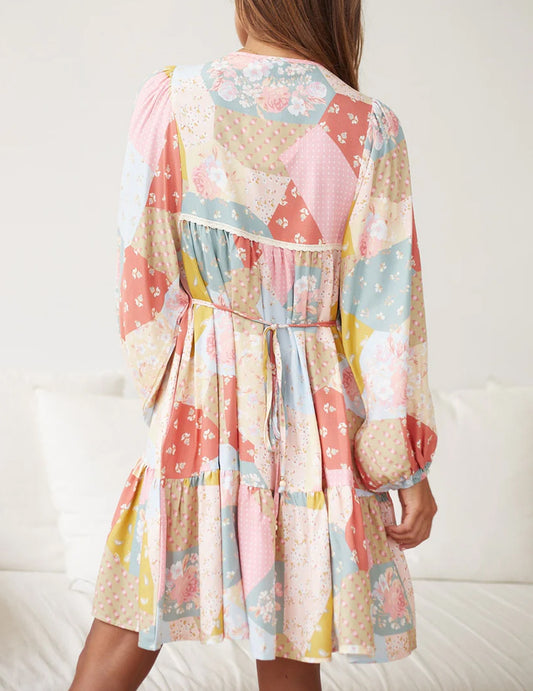 Floral Puff Sleeve Buttoned V-Neck Dress