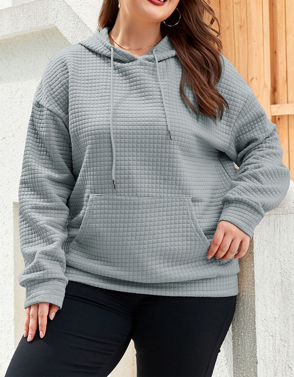 Kangaroo Pockets Quilted Plus Size Hoodie