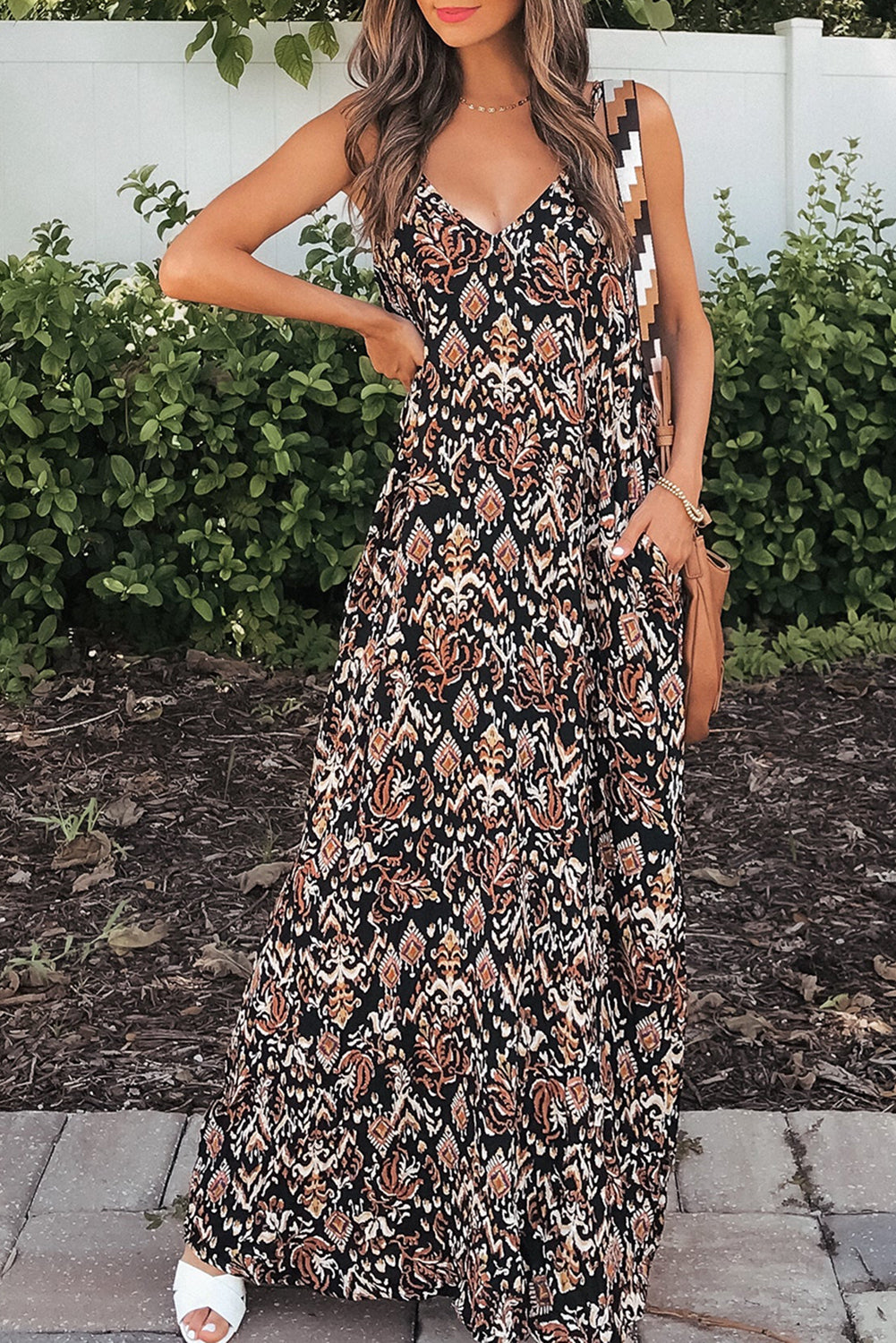 Boho Retro Printed Spaghetti Strap V Neck Maxi Dress