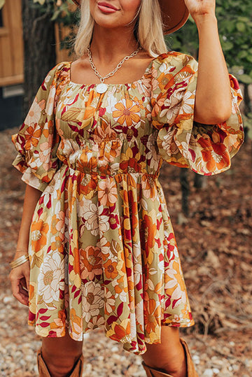 Ruffled Puff Short Sleeve Floral Dress