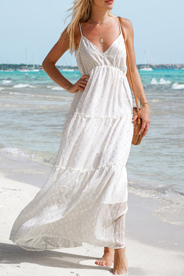 Ruffled Spaghetti Strap V Neck Maxi Dress