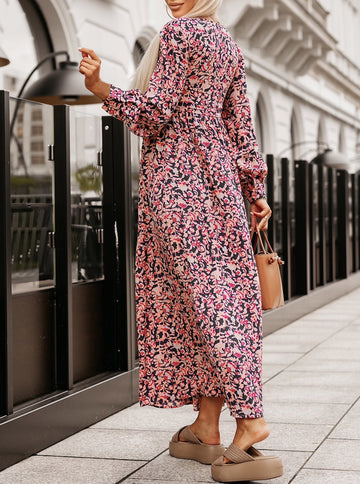 Boho Floral Print Buttons Deep V Neck Maxi Dress