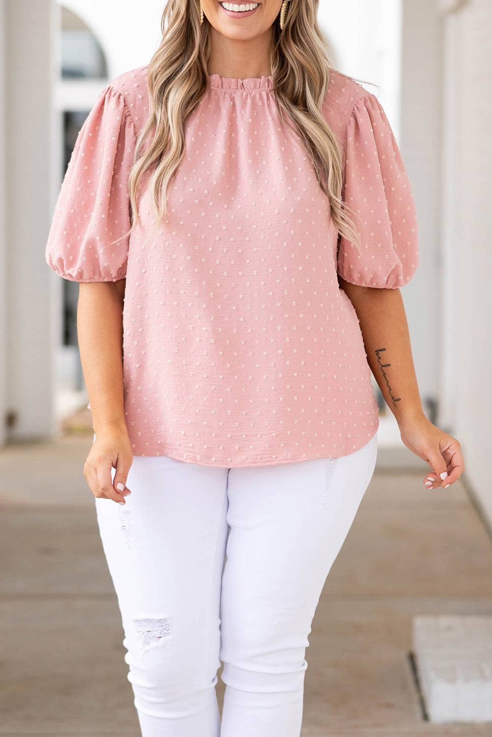 Pink Plus Size Swiss Dot Puff Sleeves Top