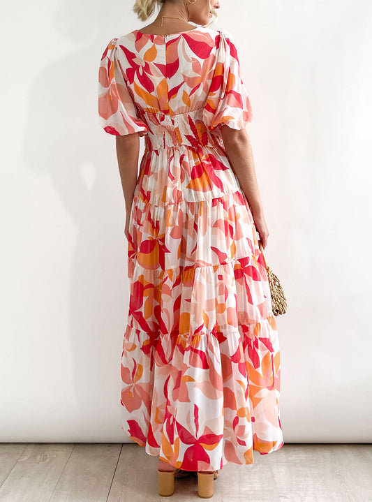 Short Puff Sleeve Floral Tiered Maxi Dress