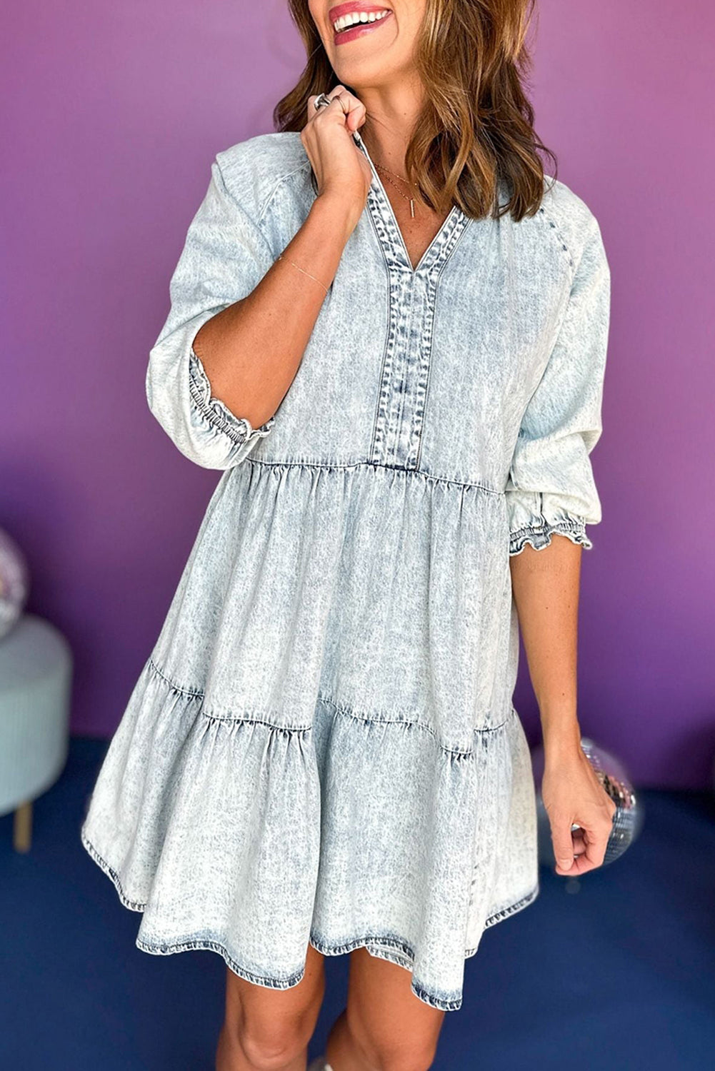 Acid Wash Retro Half Sleeve Flared Denim Dress