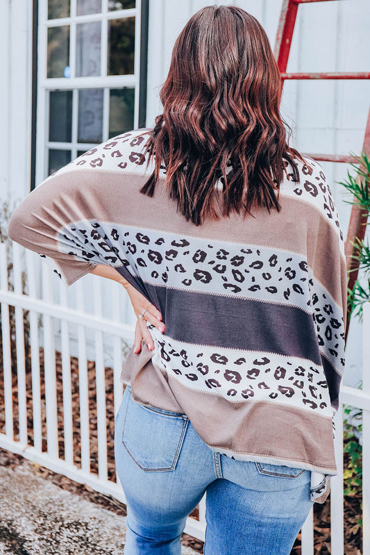 Gray Plus Size Leopard Striped Color Block Oversized Top