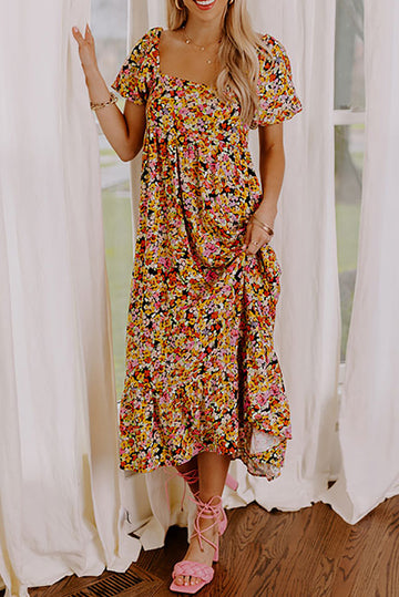 Puff Sleeve Square Neck Open Back Floral Midi Dress