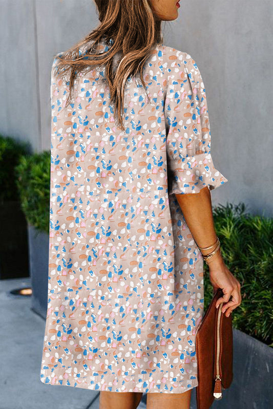 Pink Ruffled Sleeves Abstract Print Shift Dress