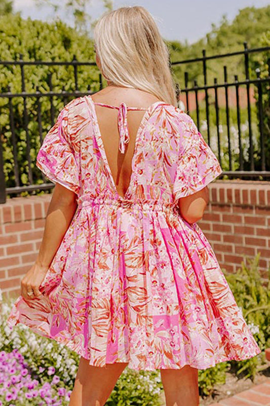 Pink Tie Knot Open Back V Neck Floral Dress