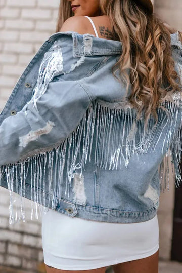 Sequin Embellished Fringe Distressed Denim Jacket