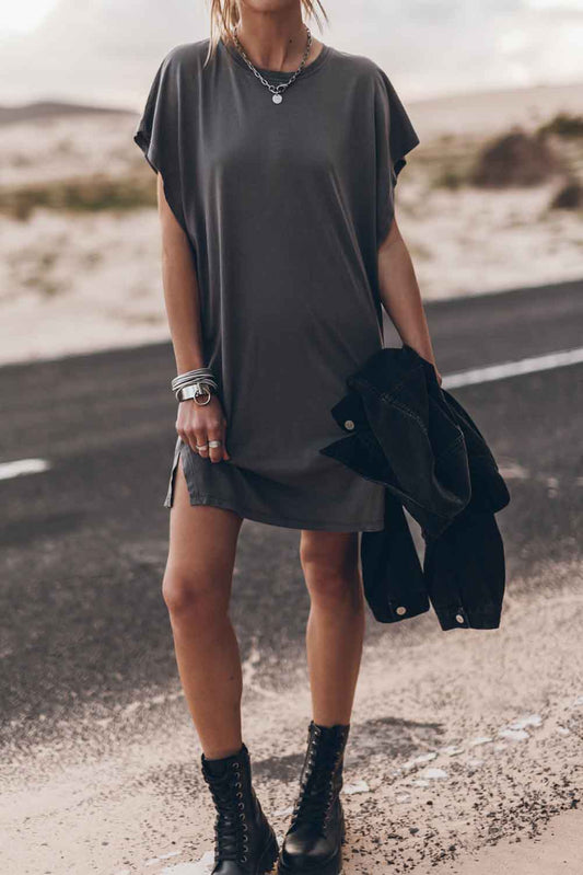 Gray Bat Sleeve T-shirt Dress with Slits