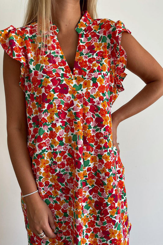 Red Ruffle Sleeve V-Neck Floral Dress