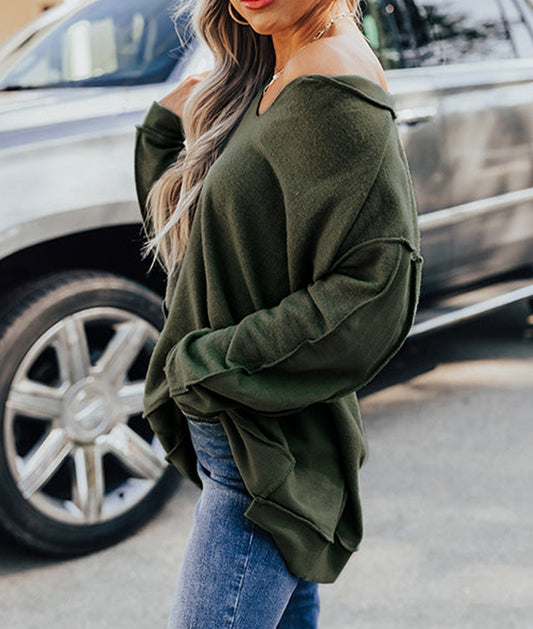 Expose Seam Detail Split Neck Long Sleeve Top