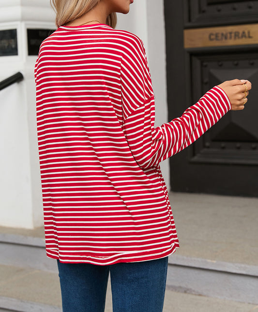 Striped Drop Shoulder Exposed Seam Long Sleeve Top