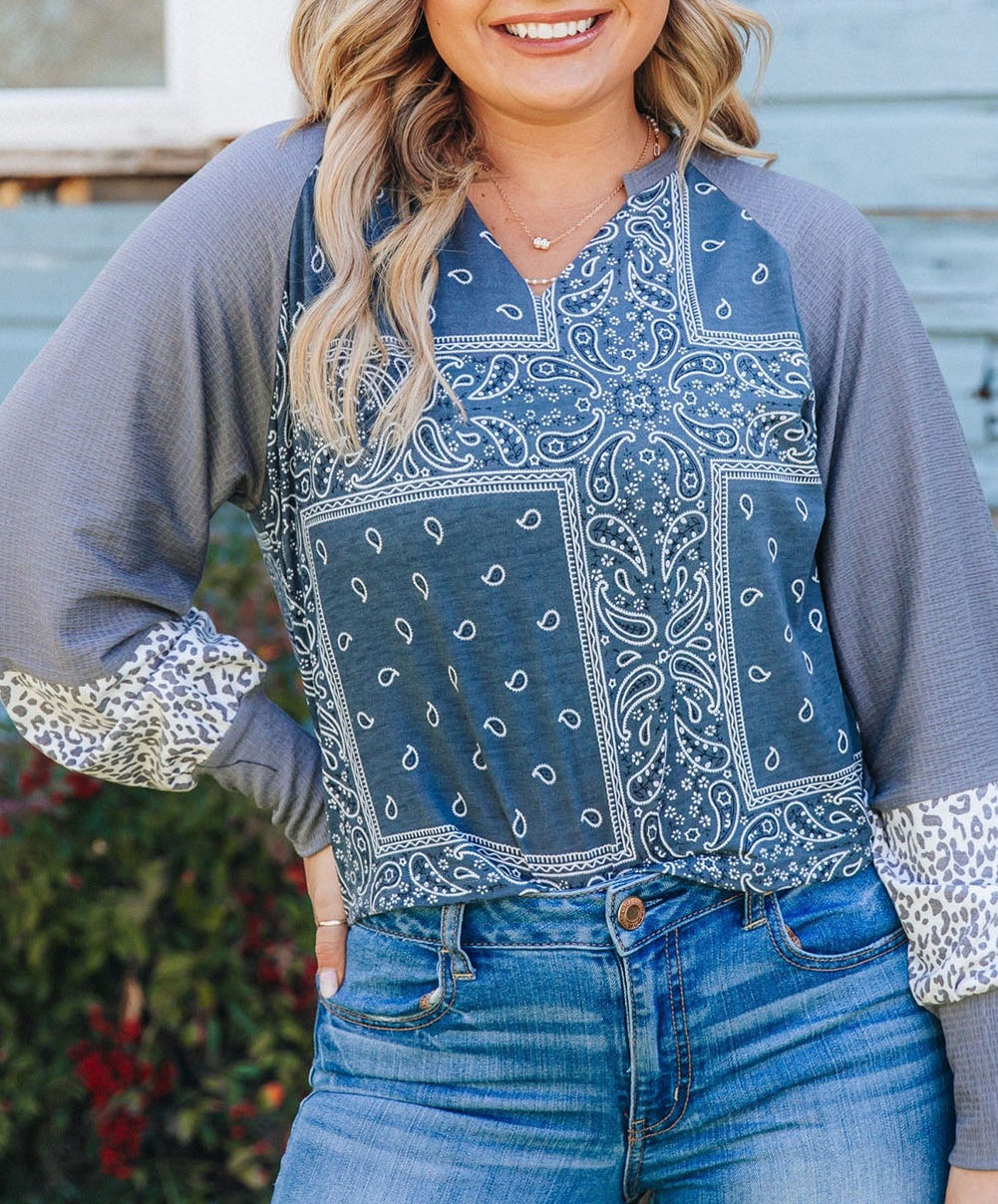 Leopard Paisley Patchwork Split Neck Plus Size Top