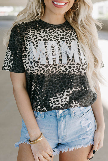 MAMA Leopard Print Short Sleeve Casual Graphic Tee