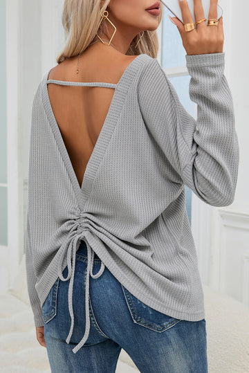 V Cut Drawstring Back Waffle Knit Long Sleeve Top