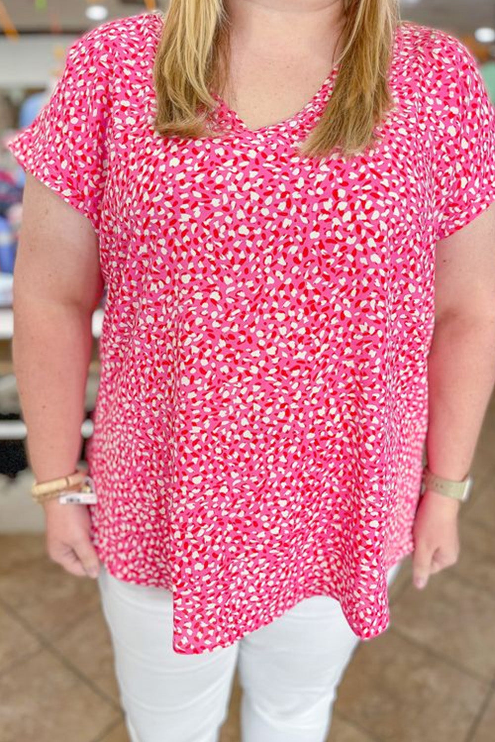 Spot Print Short Sleeve V-Neck Plus Size Blouse