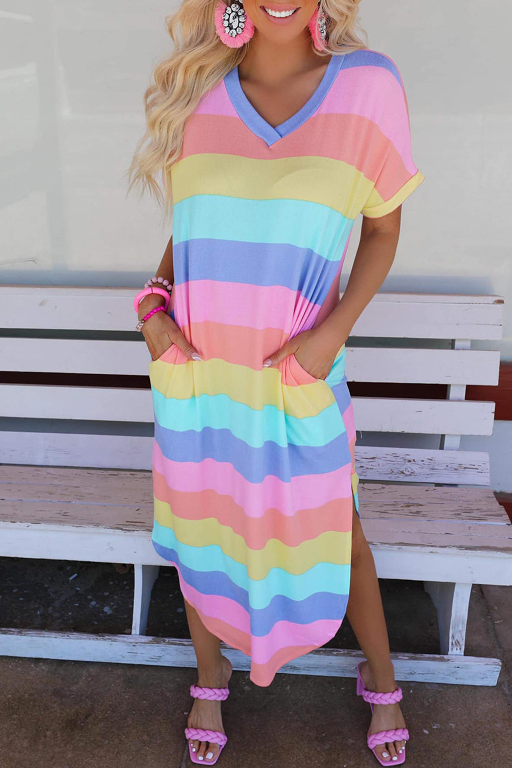 Striped Side Split Pockets V Neck T Shirt Midi Dress