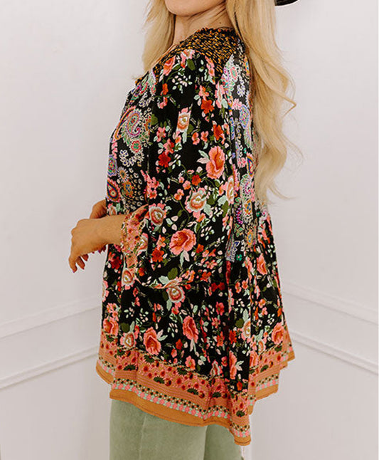 Plus Size Paisley Floral Print V Neck Bubble Sleeve Blouse