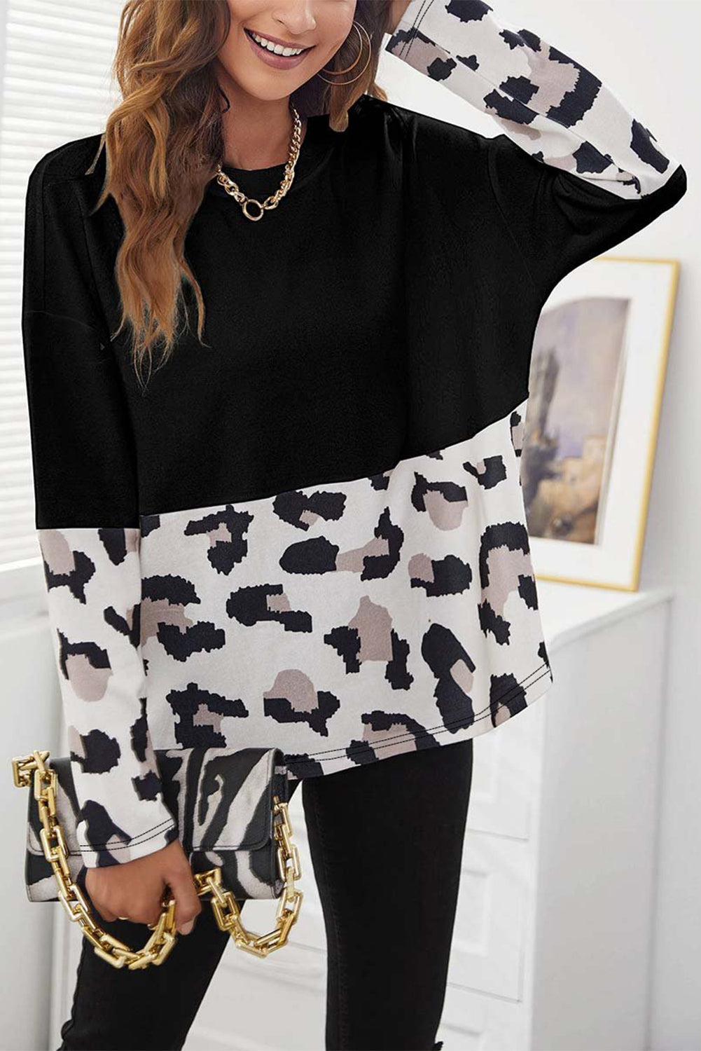 Leopard Color Block Long Sleeve Top