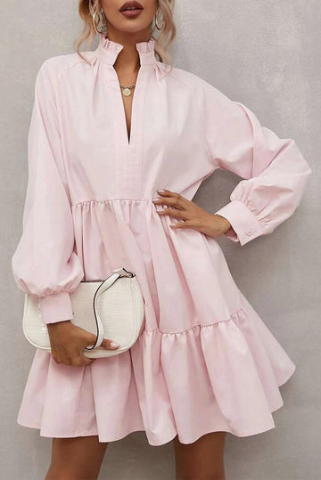 Frilled Stand Collar Long Sleeve Ruffle Dress