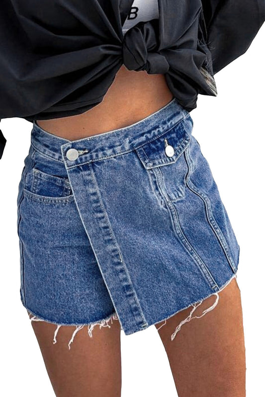 Blue Button Wrap Over Raw Hem Denim Shorts