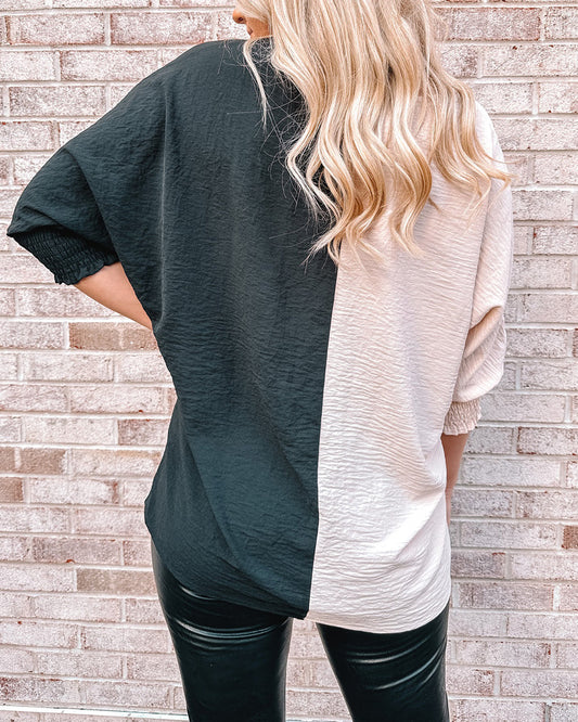 Black Color Block Shirred 3/4 Sleeve V Neck Top