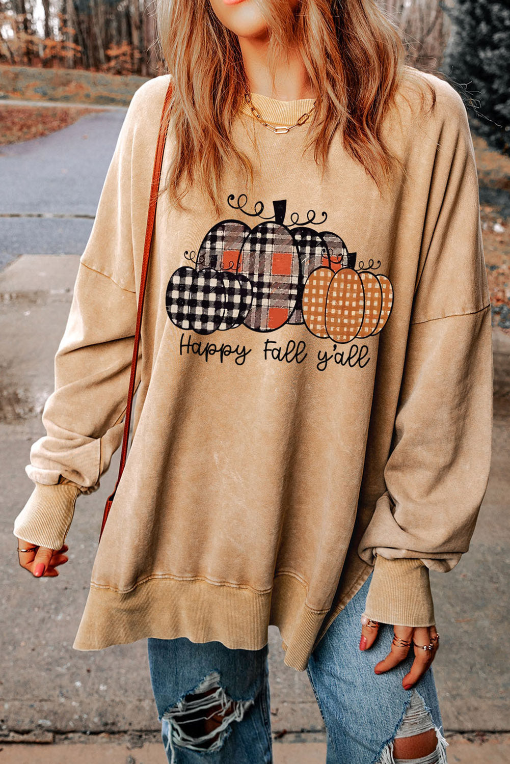 Plaid Pumpkin Graphic Washed Split Sweatshirt