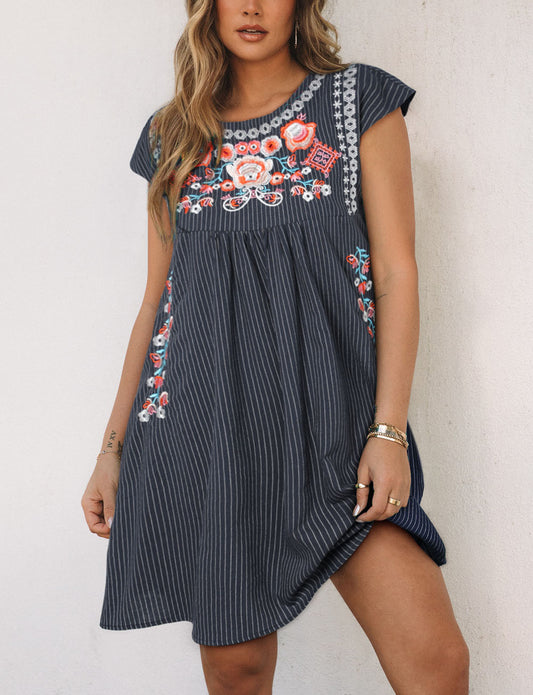 Embroidered Striped Print Sleeveless Mini Dress