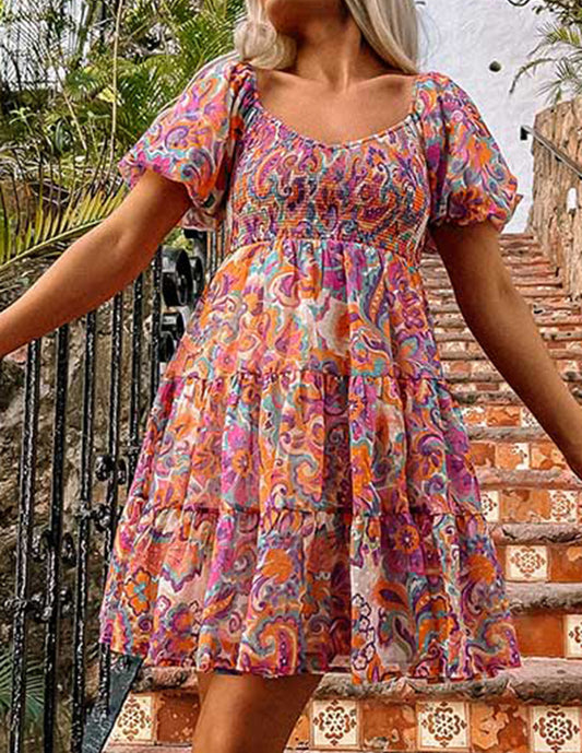 Boho Print Smocked Ruffled Puff Sleeve Mini Dress