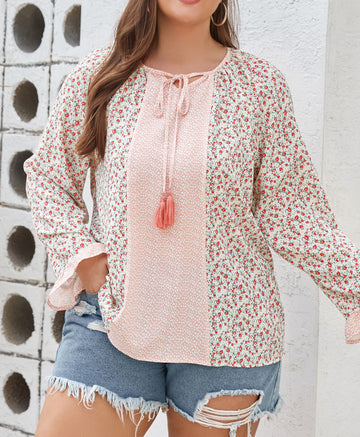 Dotty Floral Patchwork Plus Size Long Sleeve Blouse