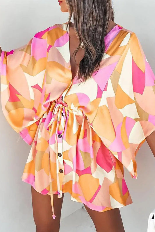 Geometric Print Button Drawstring Batwing Sleeve Dress