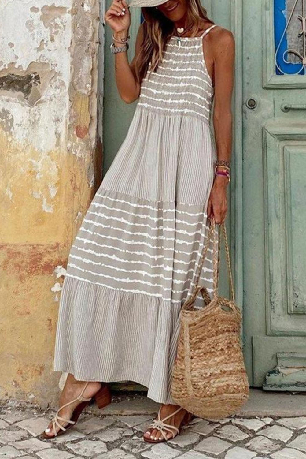 Gray Striped Spaghetti Strap Long Dress