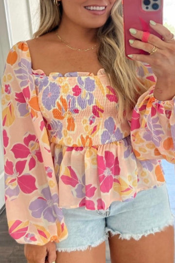 Plus Size Floral Puff Sleeve Smocked Peplum Top