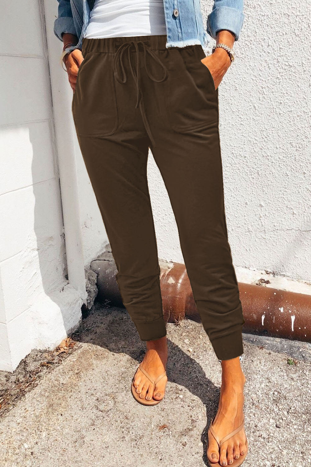 Brown Solid Drawstring Elastic Waist Pants with Pocket