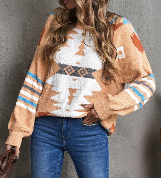 Aztec Print Long Sleeve Tunic Knitted Sweater