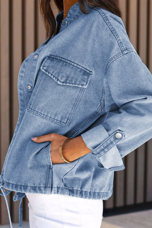 Blue Roll-Up Tab Sleeve Button Down Pocket Denim Jacket