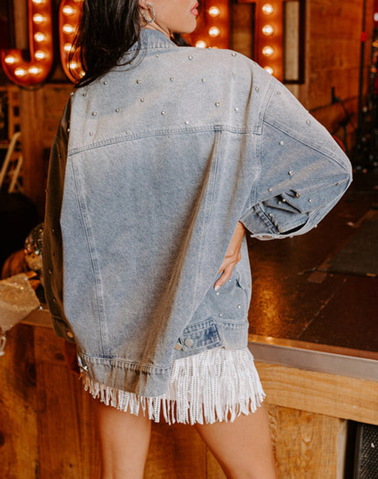 Rhinestone Embellished Flap Pocket Denim Jacket